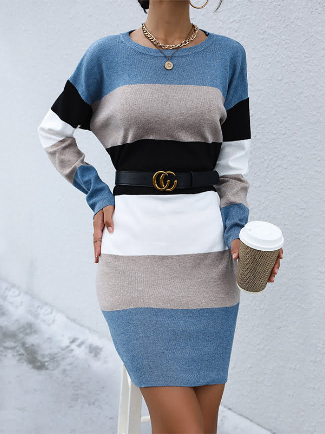 Blue pullover stitching knitted dress 2