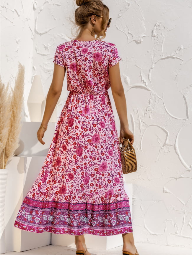 Bohemian Floral Short Sleeve V-Neck Dress