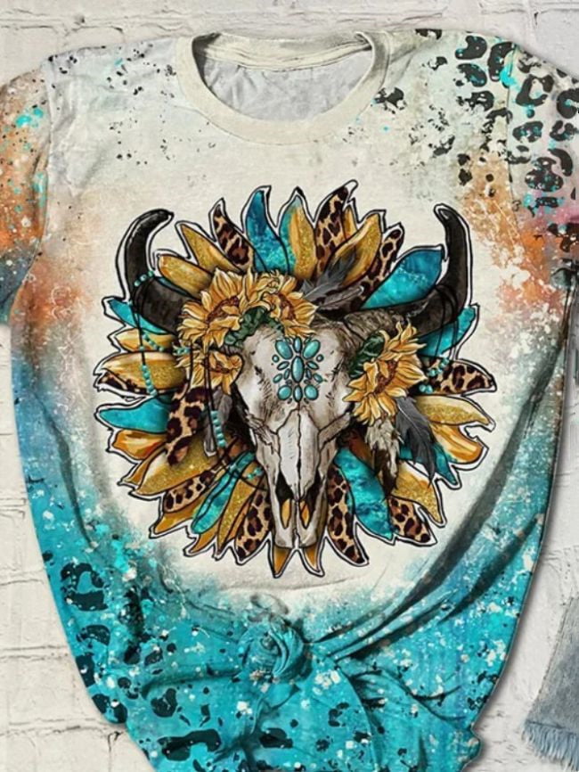 Bull head sunflower print T-shirt-Wholesale