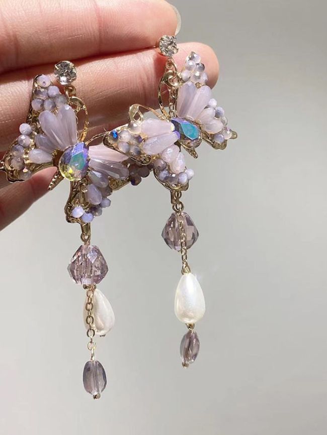 Wholesale Butterfly Fringe Crystal Pearl Earrings