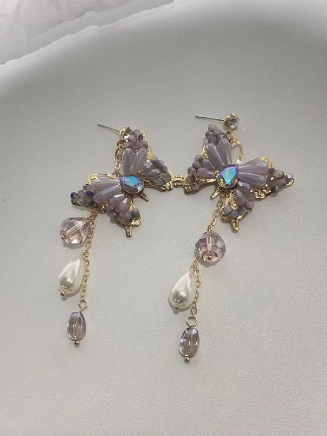 Wholesale Butterfly Fringe Crystal Pearl Earrings