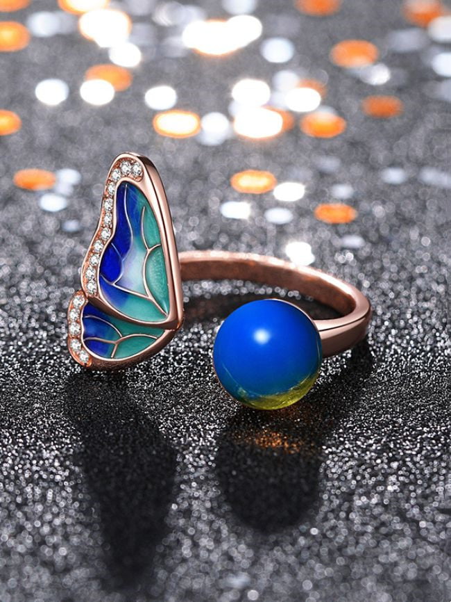 Wholesale Butterfly Open Synthetic Blue Amber Ring