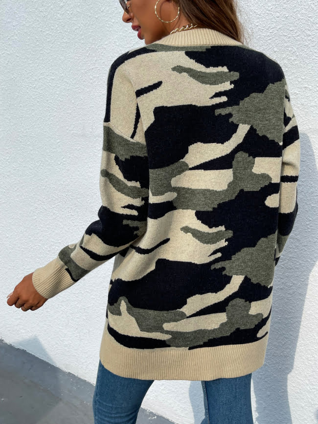 Camo Knitted V neck Cardigan Sweater 5