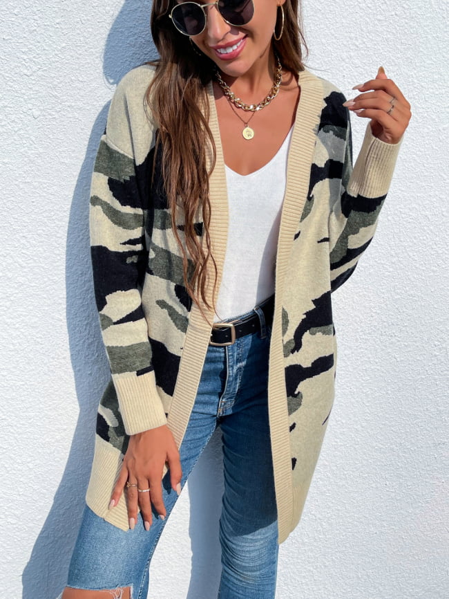 Camo Knitted V neck Cardigan Sweater 6