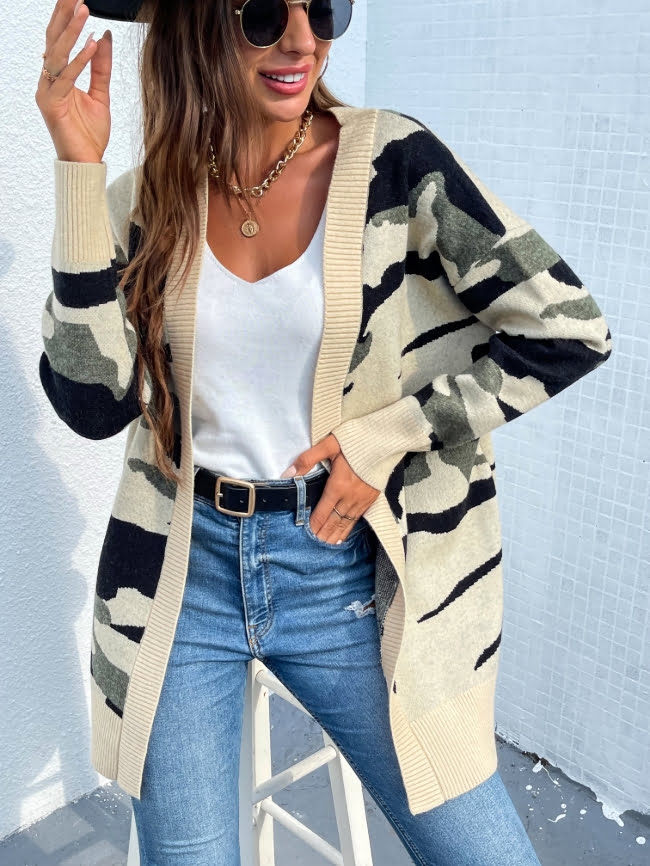 Camo Knitted V neck Cardigan Sweater 8