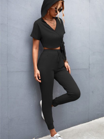 Casual Hooded Cross Strap Two Piece Set
