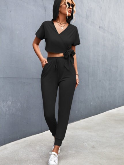 Casual Hooded Cross Strap Two Piece Set
