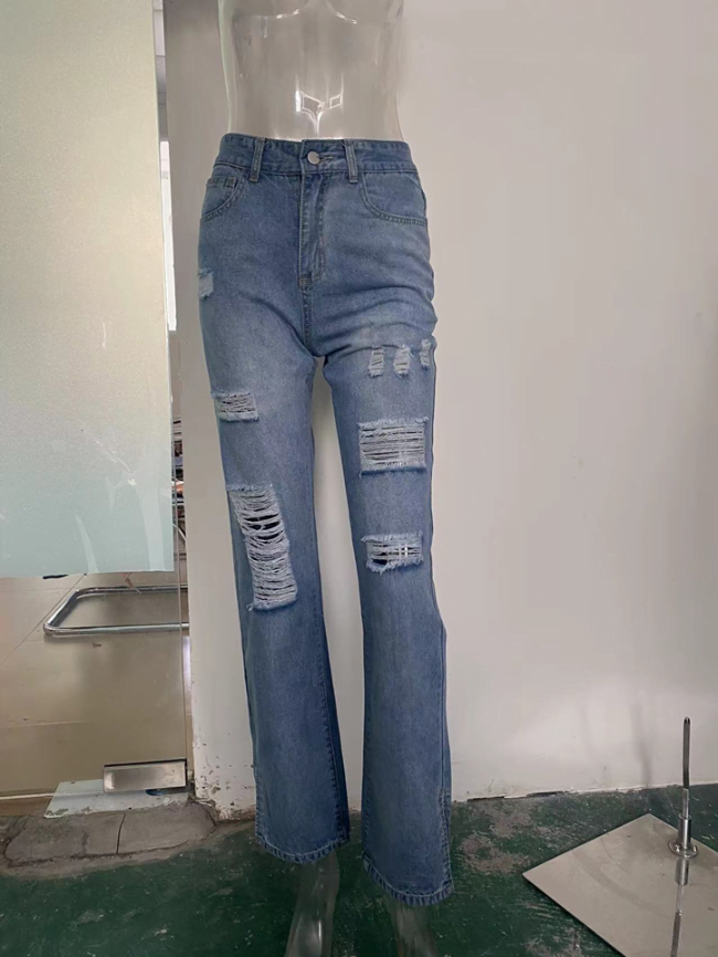 Casual washed ripped straight-leg jeans