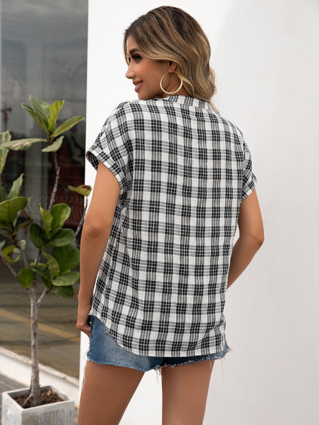 Wholesale Check V-Neck Short Sleeve Shirt