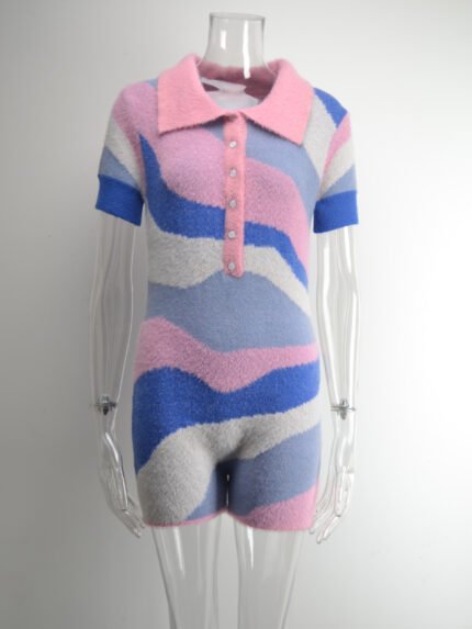 Contrasting collar short-sleeved jumpsuit
