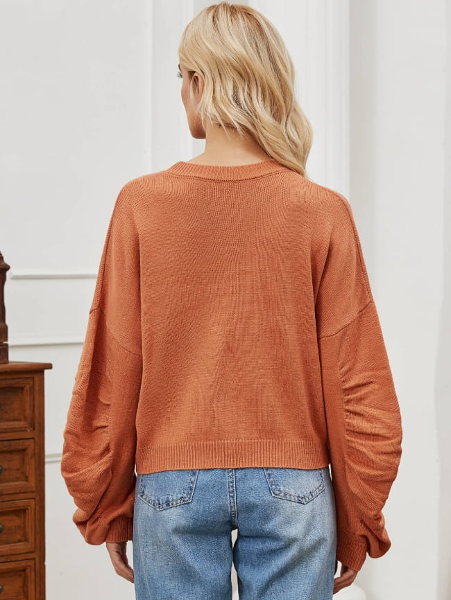 Crew Neck Gathered Long Sleeve Knit Top