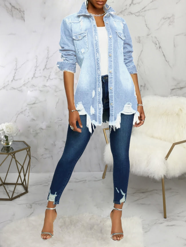 Distressed Ripped Single-breasted Denim Jackets