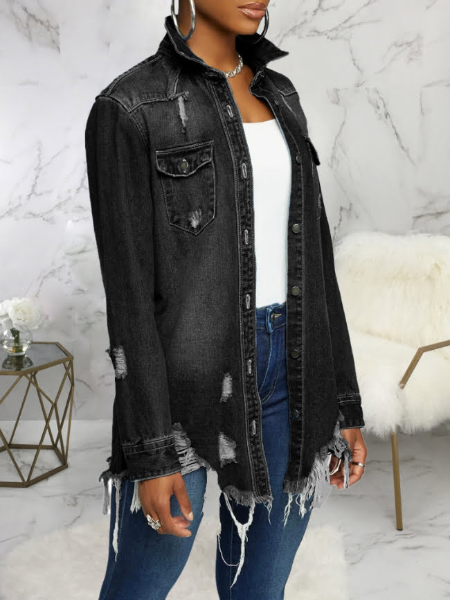 Distressed Ripped Single-breasted Denim Jackets