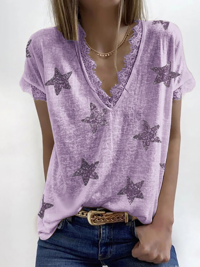 Five pointed star print lace V neck T shirt 1