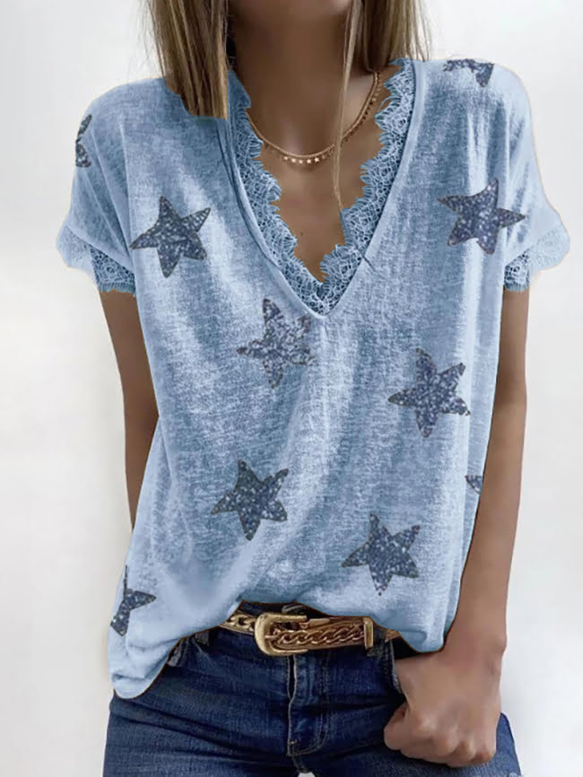 Five pointed star print lace V neck T shirt 10
