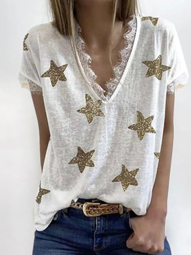 Five pointed star print lace V neck T shirt 2