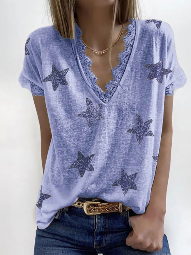 Five pointed star print lace V neck T shirt 3
