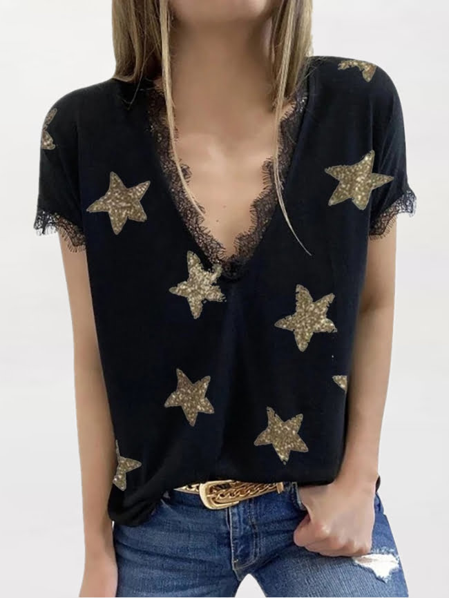 Five pointed star print lace V neck T shirt 4