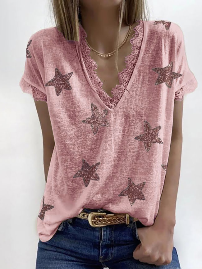 Five pointed star print lace V neck T shirt 5