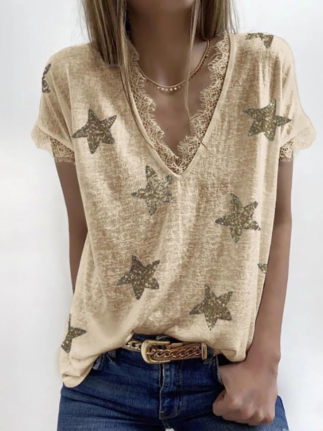 Five pointed star print lace V neck T shirt 6