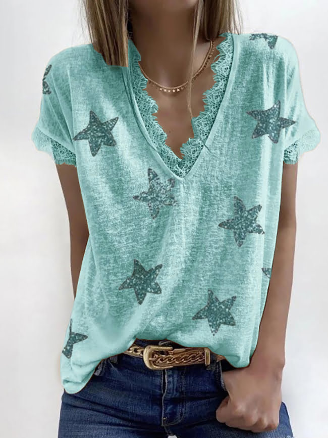 Five pointed star print lace V neck T shirt 7