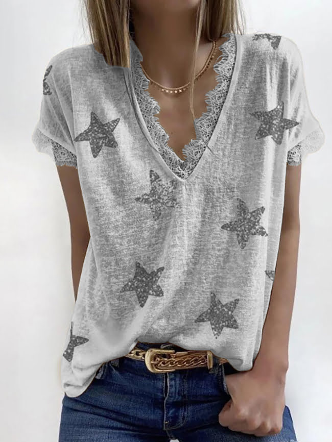 Five pointed star print lace V neck T shirt 8