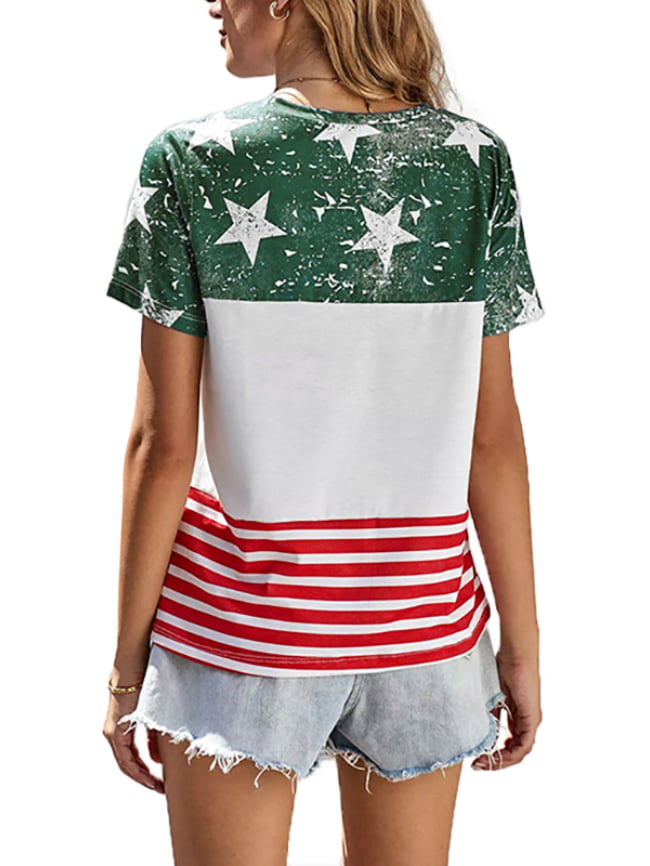 Five pointed star stripe print color block T shirt 1