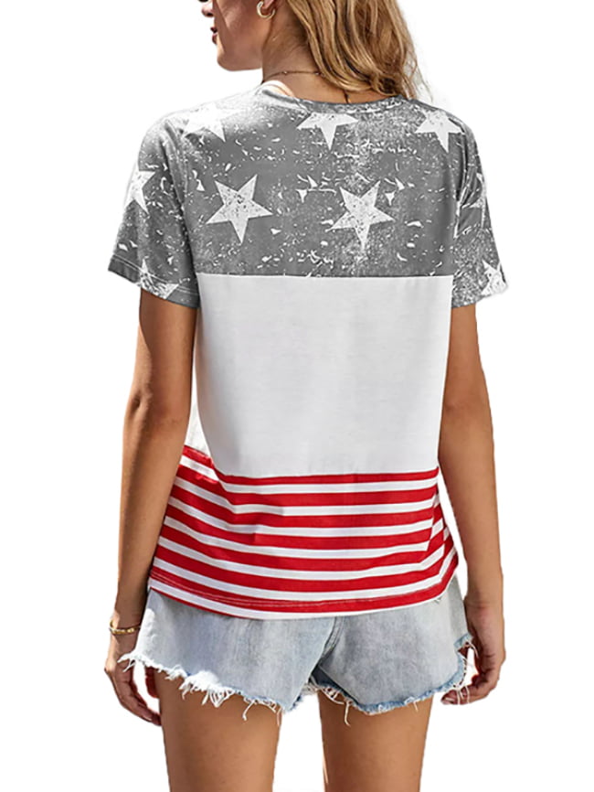 Five pointed star stripe print color block T shirt 10