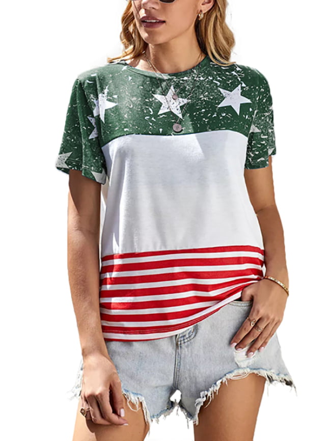 Five pointed star stripe print color block T shirt 11