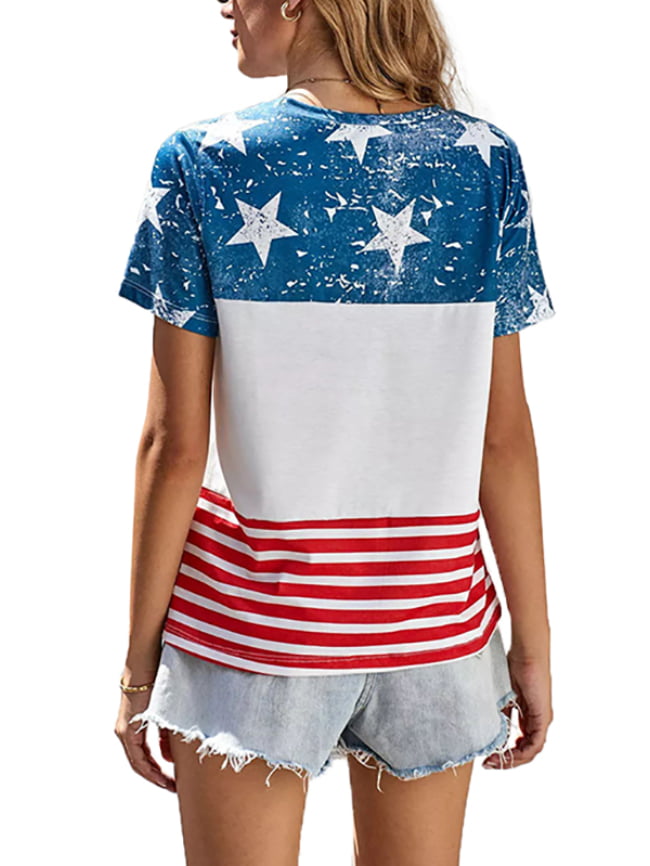 Five pointed star stripe print color block T shirt 4