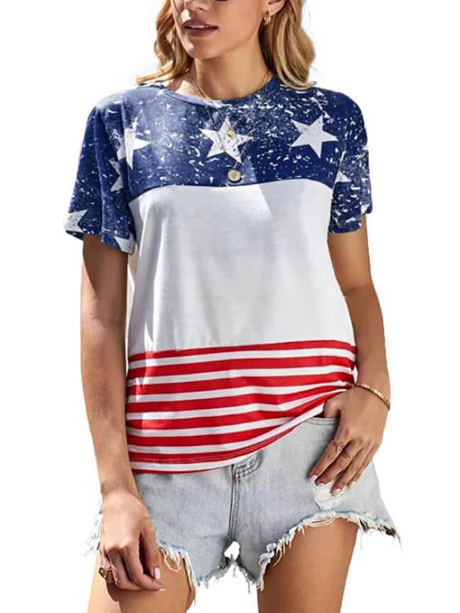 Five pointed star stripe print color block T shirt 5