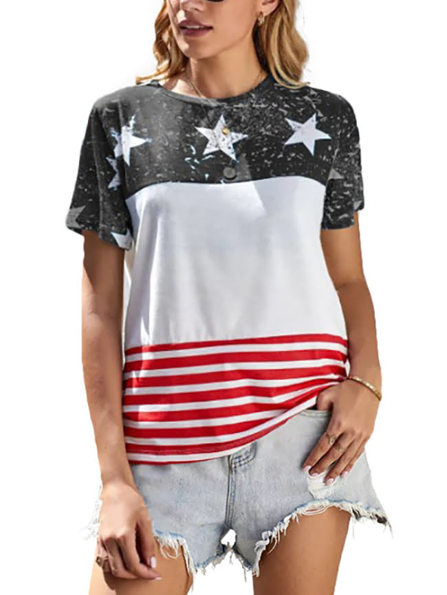 Five pointed star stripe print color block T shirt 7