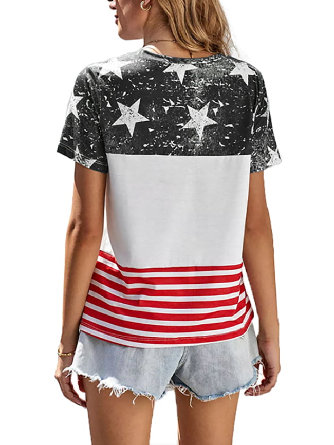 Five pointed star stripe print color block T shirt 8
