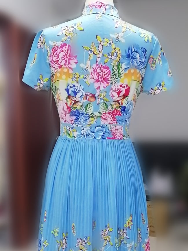 Wholesale Floral Lapel Short Sleeve Pleated Dress