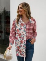 Floral plaid stitching lapel shirt top