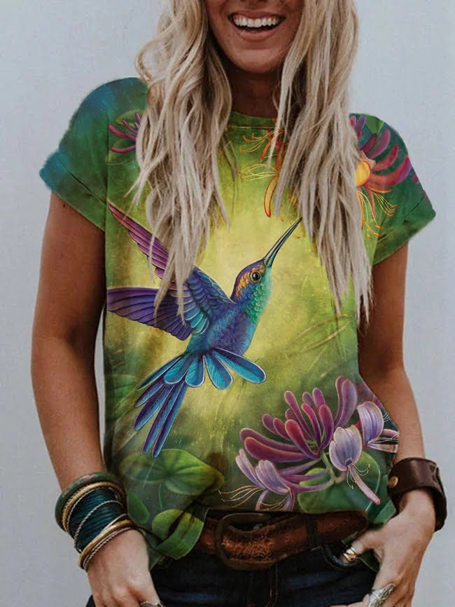 Flower and bird print T shirt 3