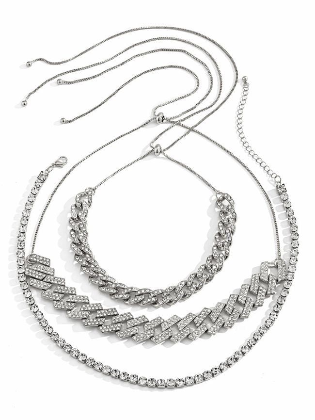 Geometric Retro Multilayer Cuban Chain Full Diamond Necklace Set 3