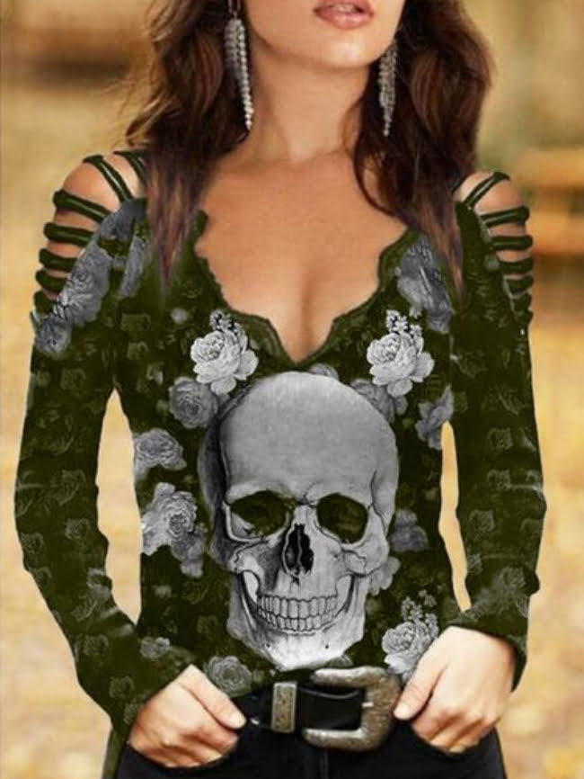 Halloween Skull Print Off shoulder Long sleeve Tee 1
