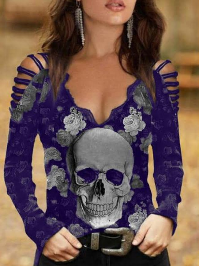 Halloween Skull Print Off shoulder Long sleeve Tee 4