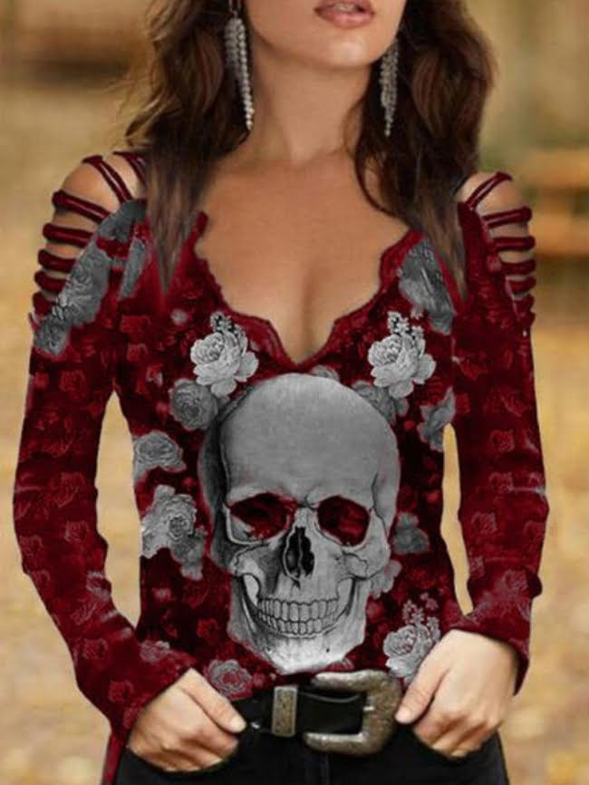 Halloween Skull Print Off shoulder Long sleeve Tee 5