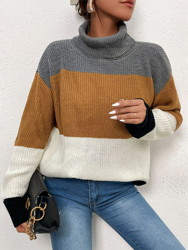 High neck striped contrast sweater