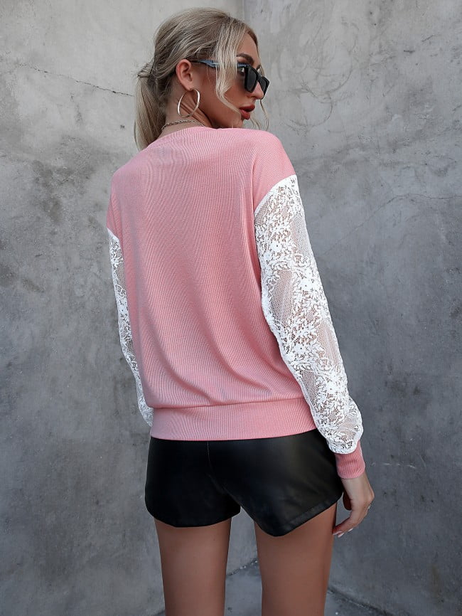 Hollow Lace Panel Long Sleeve T-Shirt