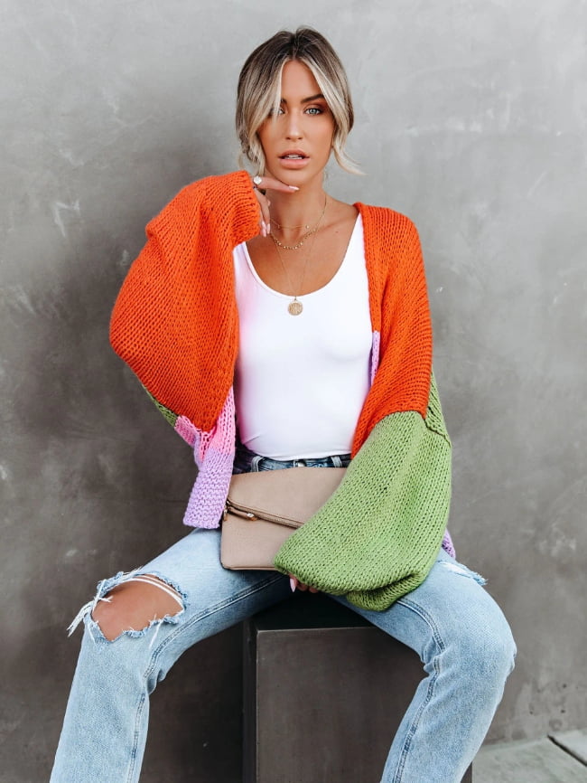Wholesale Irregular Colorblock Knitted Cardigan Sweater