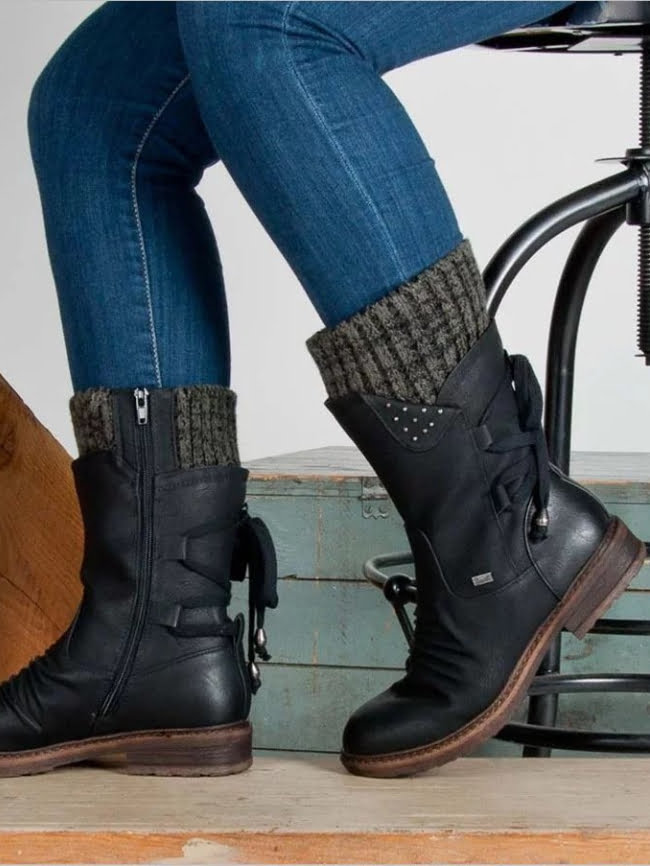 Knit Splicing Tie Back Zip up Boots