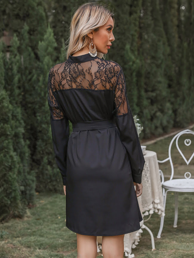 Lace Sheer Button Tie Dress