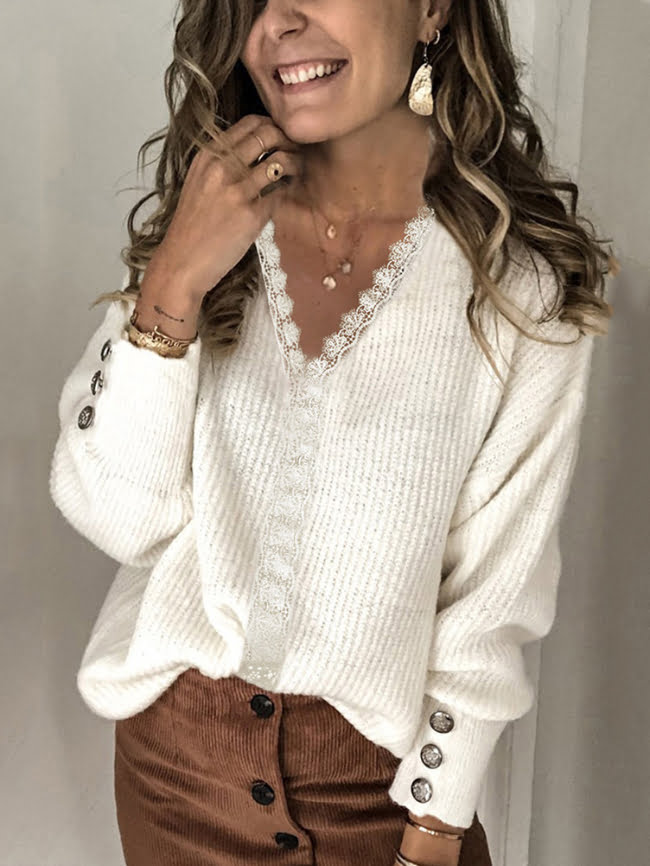 Lace V neck Pullover Solid Sweater