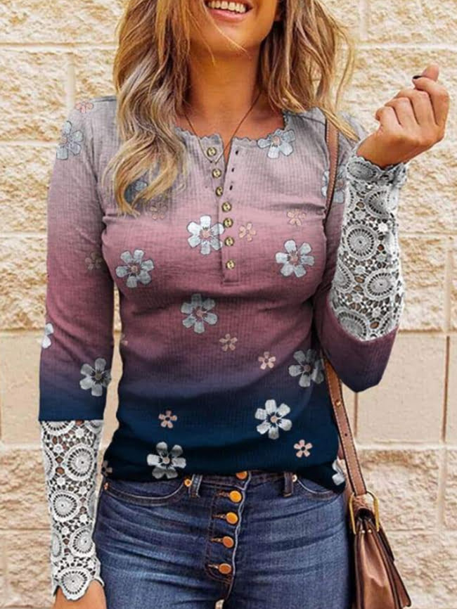 Lace stitching printed button top