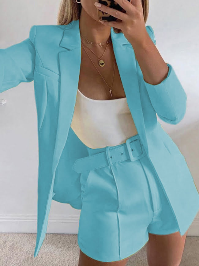 Lapel Neck Open Front Blazer and Shorts Set With Belt 1