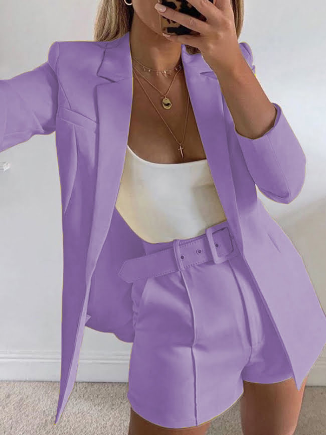 Lapel Neck Open Front Blazer and Shorts Set With Belt 11