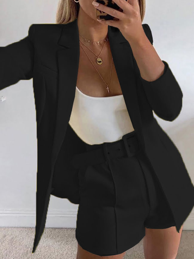 Lapel Neck Open Front Blazer and Shorts Set With Belt 5